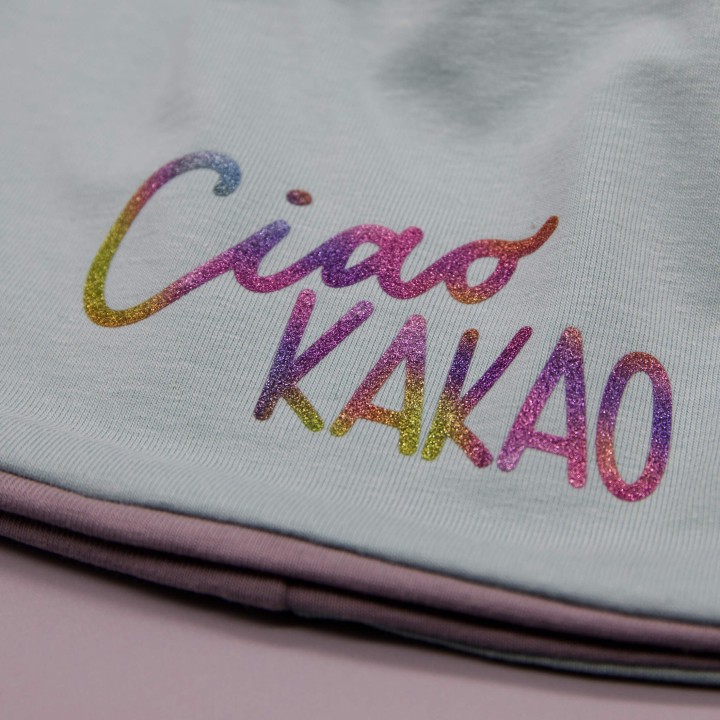 Kindermütze Beanie „Ciao Kakao“ – mint mit Leo-Glitzer – handgemacht – zweilagig – Kinder Mütze Frühling & Herbst