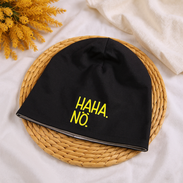 Kindermütze Beanie „HAHA Nö“ – schwarz – Neon Gelb u. Grün – frech u. handgemacht – zweilagig – Mütze Kinder Frühling & Herbst