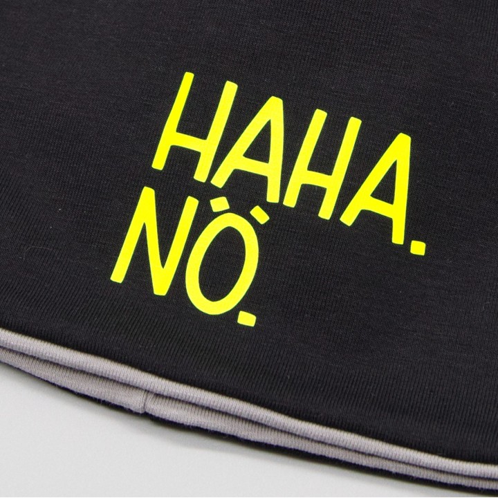 Kindermütze Beanie „HAHA Nö“ – schwarz – Neon Gelb u. Grün – frech u. handgemacht – zweilagig – Mütze Kinder Frühling & Herbst