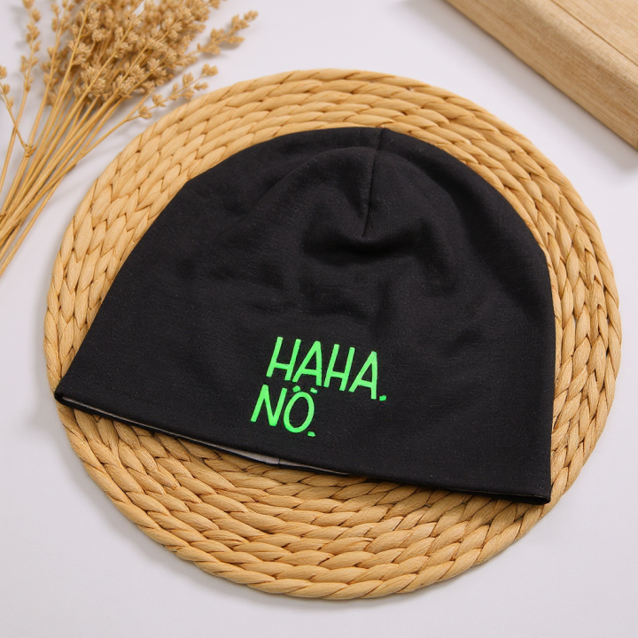 Kindermütze Beanie „HAHA Nö“ – schwarz – Neon Gelb u. Grün – frech u. handgemacht – zweilagig – Mütze Kinder Frühling & Herbst