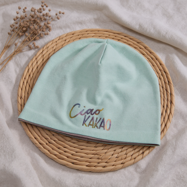 Kindermütze Beanie „Ciao Kakao“ – mint mit Leo-Glitzer – handgemacht – zweilagig – Kinder Mütze Frühling & Herbst