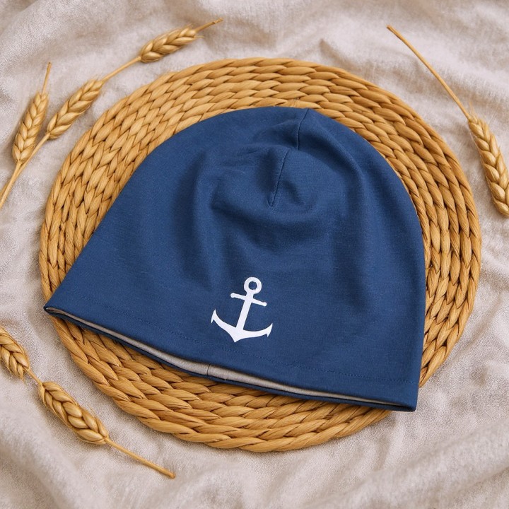 Kindermütze Beanie „Anker“ – navyblau – maritim – handgemacht – zweilagig – Kinder Mütze Frühling & Herbst