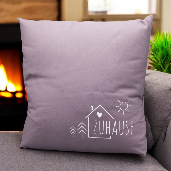 Dekokissen "Zuhause" 40x40 – Geschenk Einzug Wohnung – Kissen hellgrau weiß – abnehmbarer Bezug – Kissen mit Schriftzug