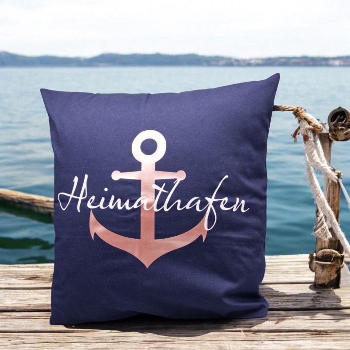 Maritimes Kissen Heimathafen 40x40 cm in Dunkelblau mit rosegoldenem Anker
