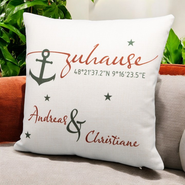 Kissen "Zuhause" personalisiert mit Koordinaten u. Wunschnamen